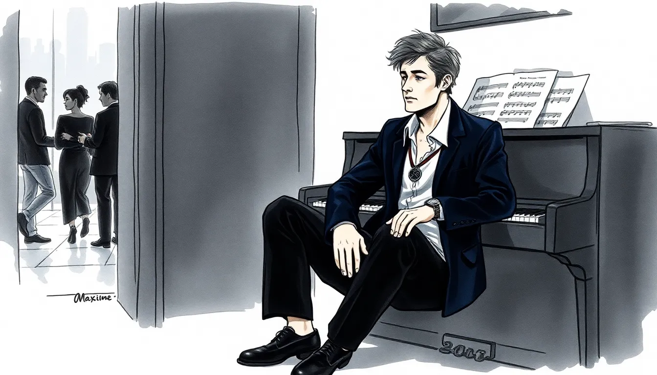 Illustration : intérieur d'un appartement, piano dans la pénombre, homme posant la main sur la caisse du piano
