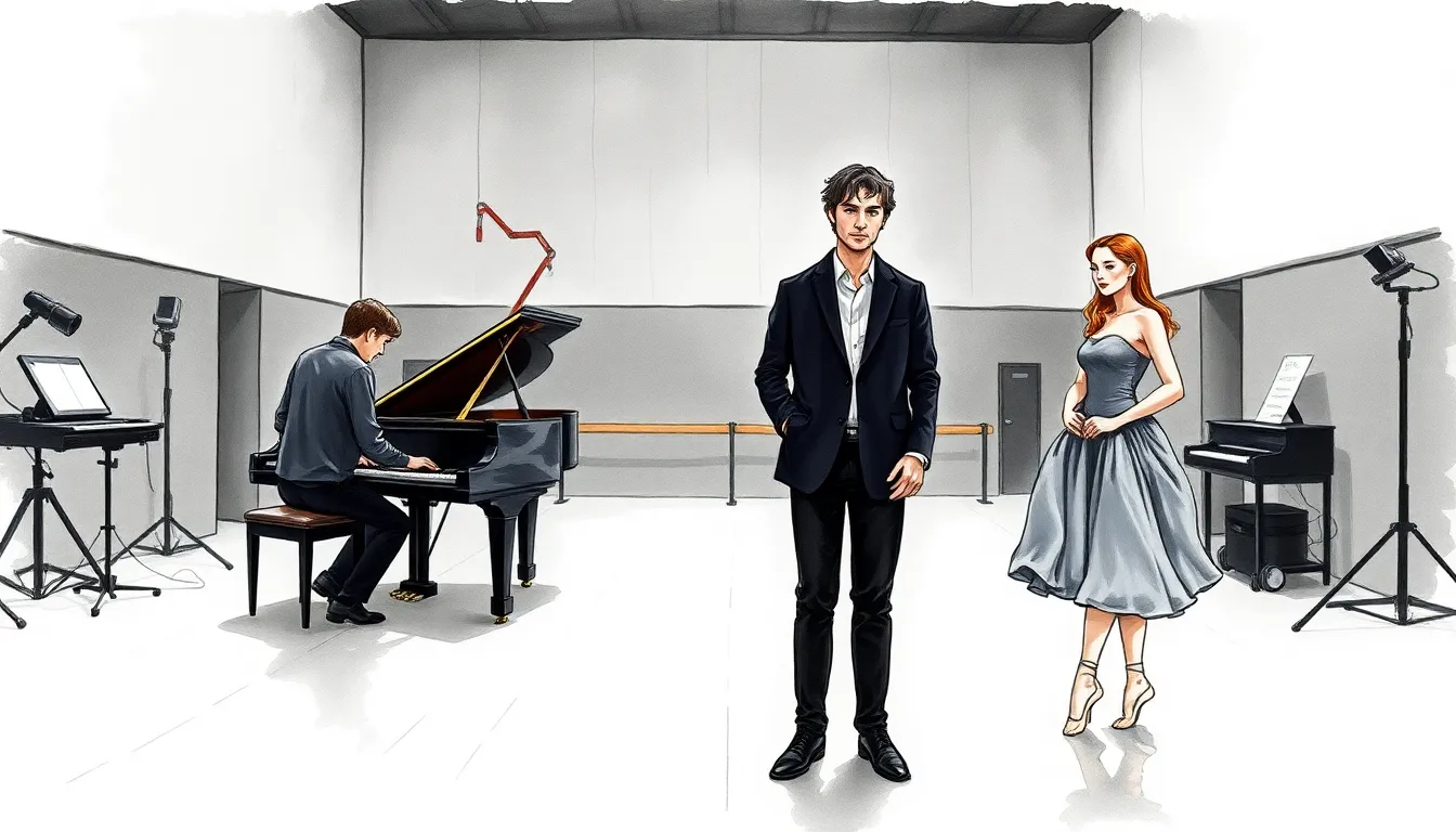 Hall de répétition où des techniciens ajustent des plateformes vibrantes, le pianiste et la danseuse se tiennent séparés puis se réconcilient
