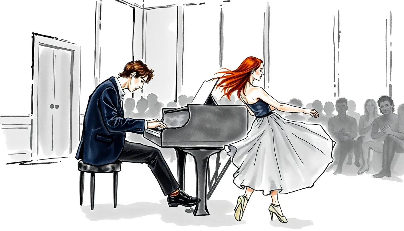Illustration de La performance qui défie le silence : salle intime, pianiste et danseuse en harmonie tactile
