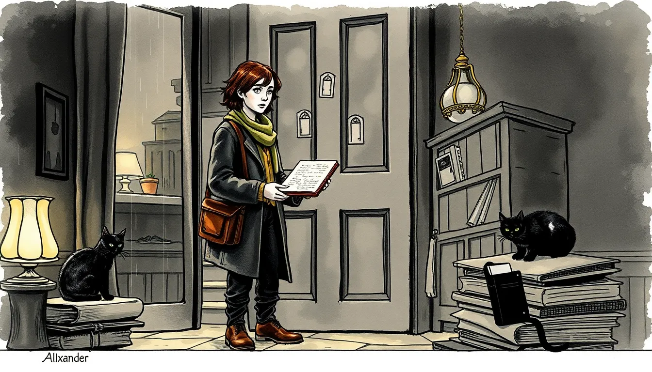 Le Gardien remet un carnet en cuir à Alexandre, Iris observe, lamplight et pluie à la fenêtre