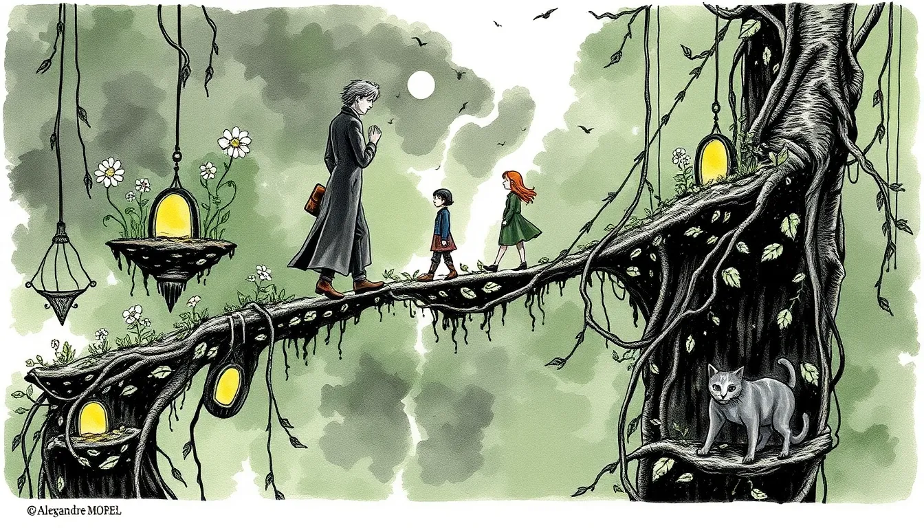 Illustration du Jardin Suspendu avec îlots flottants et passerelles végétales
