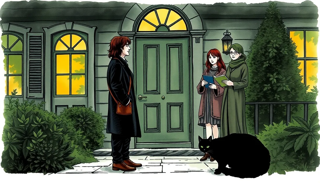 Illustration de la maison aux mille portes au petit matin, Alexandre au seuil, Iris prenant des notes, le Gardien observant serein