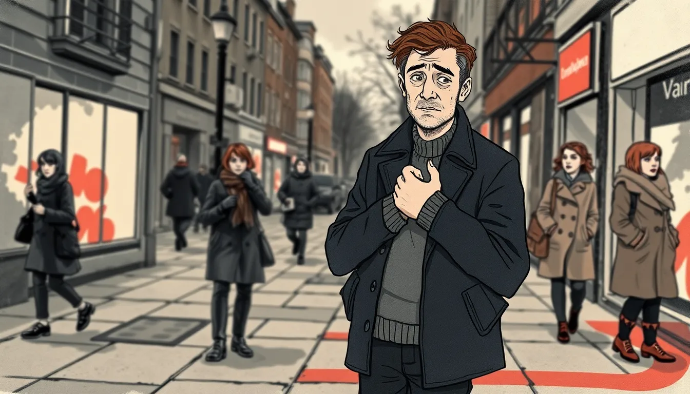 Illustration de Julien sur le trottoir, une silhouette floue à l'arrière-plan