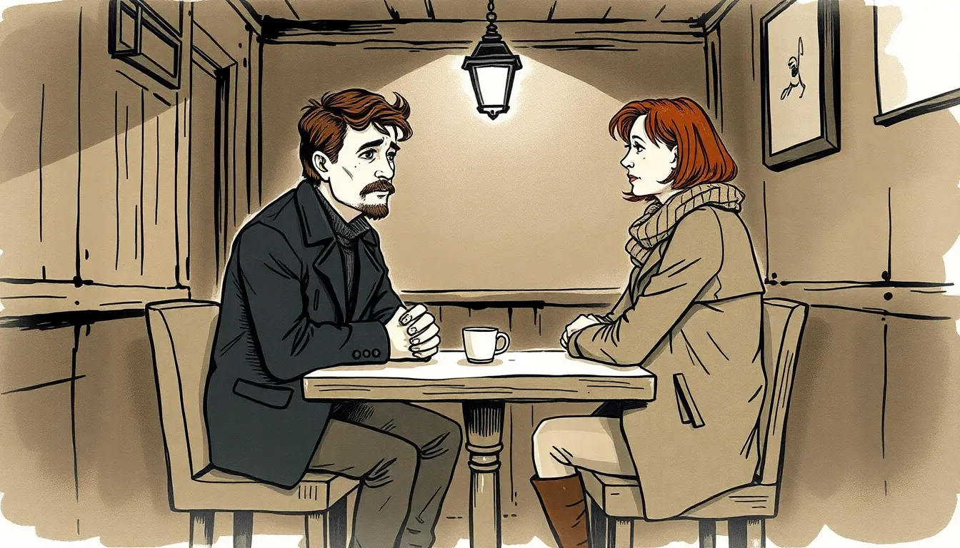 Illustration du chapitre : Julien et Claire dans un café ancien, tension et lumière tamisée