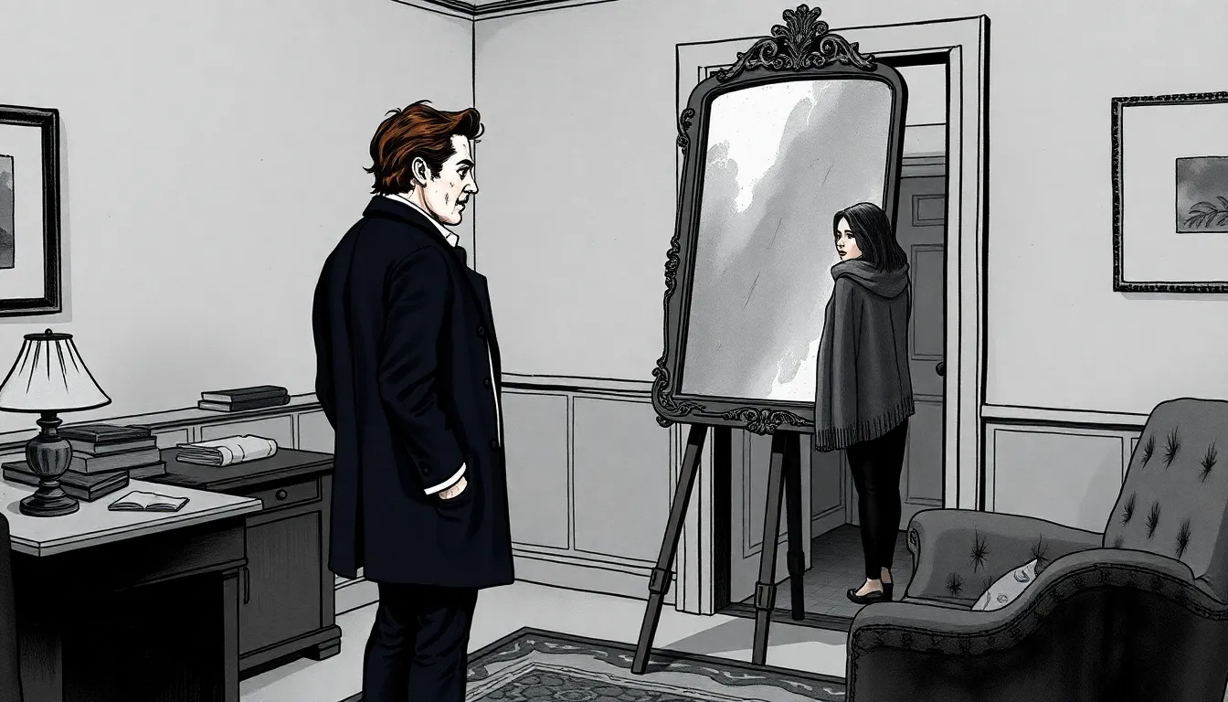 Illustration du miroir et des deux personnages dans un salon au crépuscule