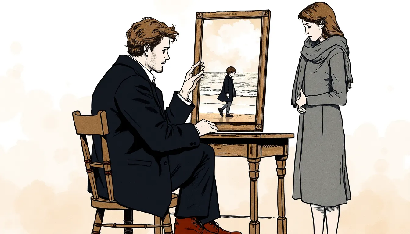 Antoine devant le miroir, la mémoire d'une plage enfantine se superpose à son reflet, Isabelle à ses côtés