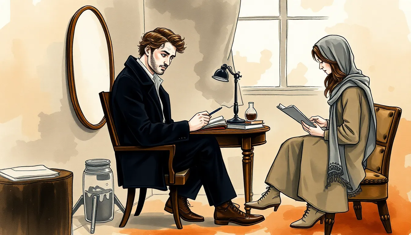 Antoine assis à son bureau, écrivant dans son journal; le miroir reflète à la fois ombres et lumières