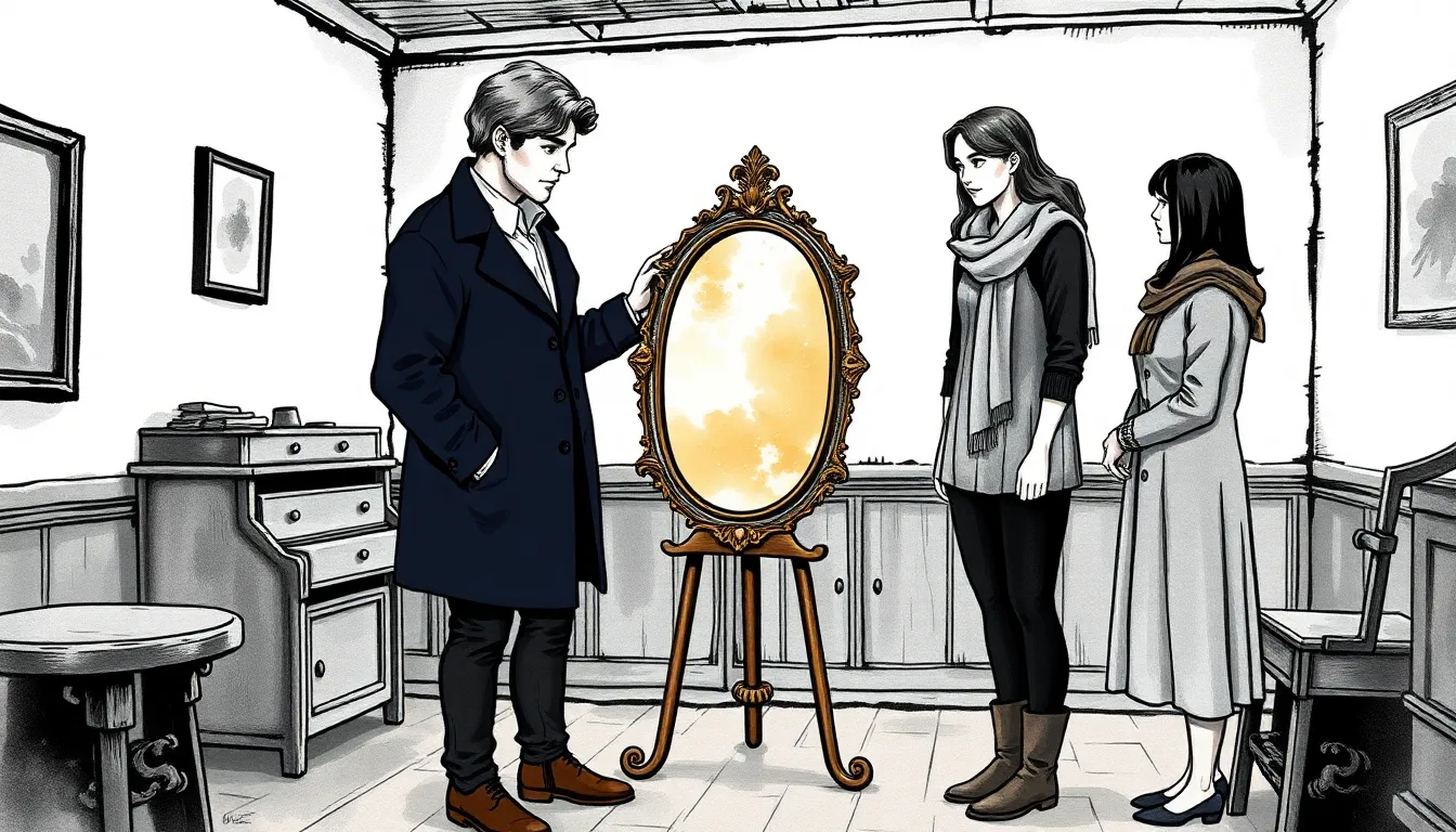 Antoine plaçant le miroir antique dans une petite salle communautaire, lumière douce et regards attentifs