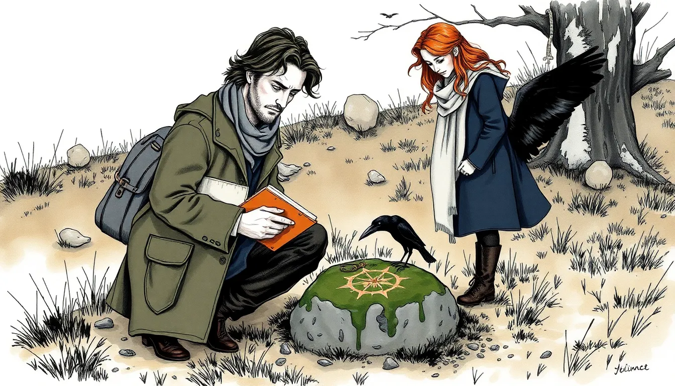 Illustration d'un rituel délicat près d'une clairière, Thomas et Elena restituant un objet sur une pierre moussu