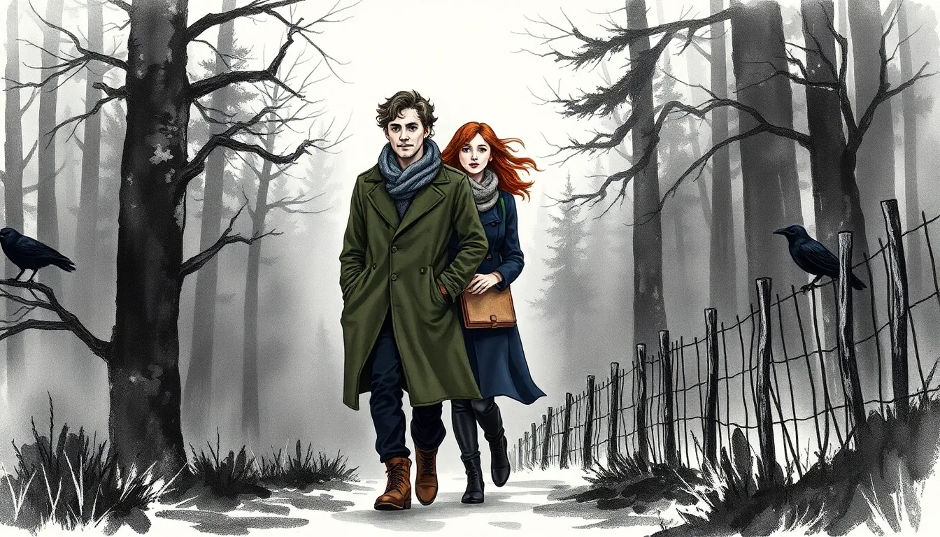 Illustration du départ de la forêt : Thomas et Elena quittant les troncs, le carnet et le compas en main