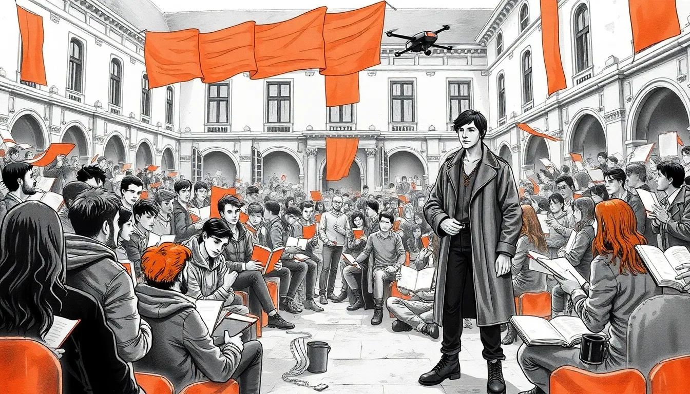 Illustration d'un cours public improvisé dans la cour d'une université reprise pour un jour