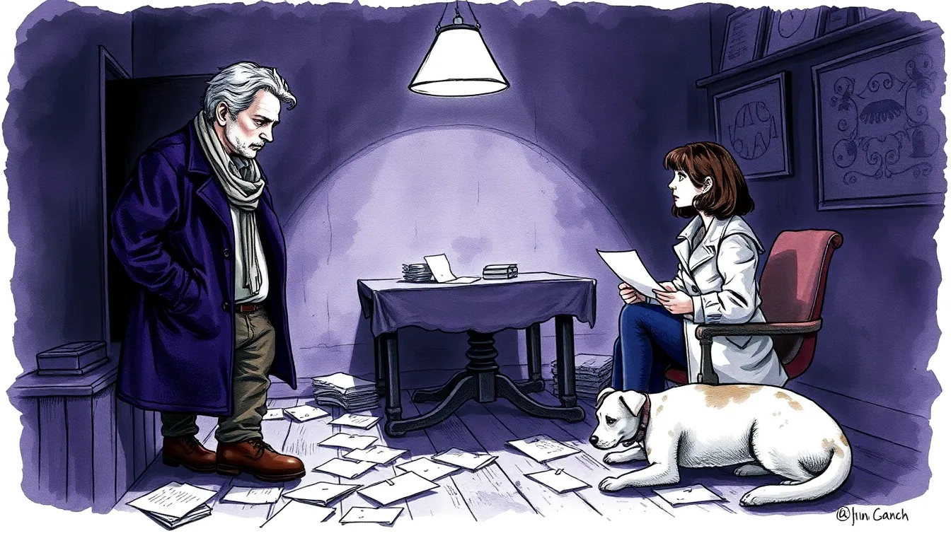 Antoine et Claire dans une auberge, papiers éparpillés, lampe tombante