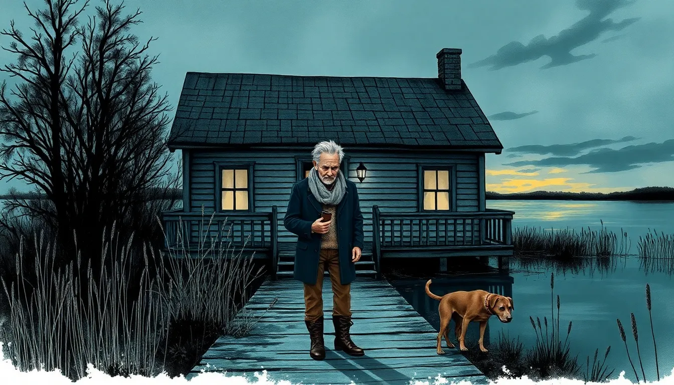 Maison au bord du lac, roseaux et ciel bas, illustration du chapitre