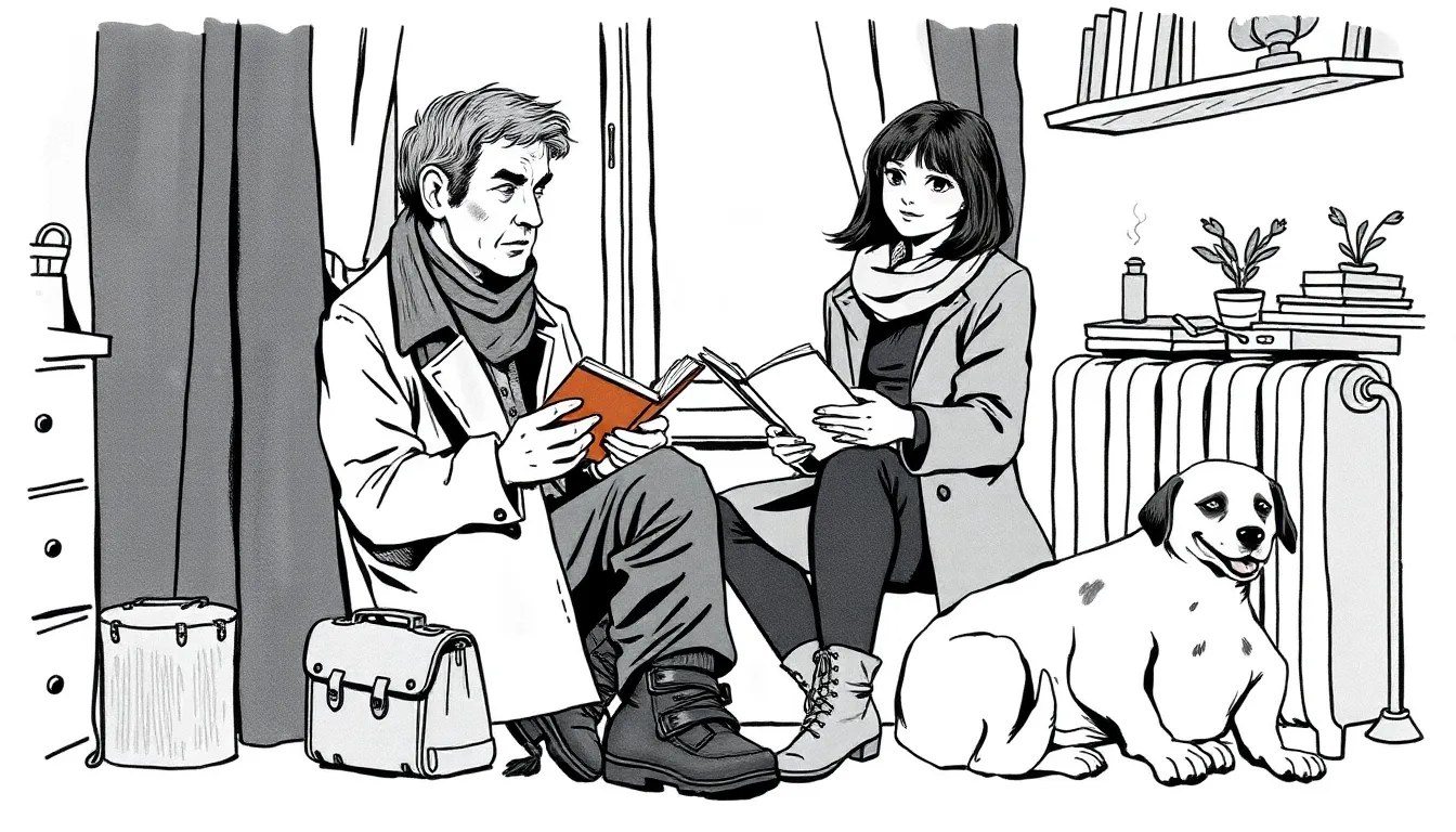 Antoine et Claire dans l'appartement, carnet et chien à leurs pieds