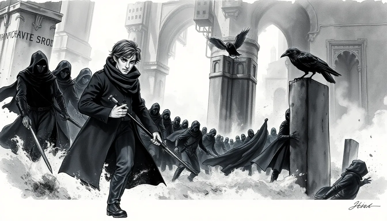 Illustration de la descente dans la cathédrale industrielle, ombres et protecteurs en lutte