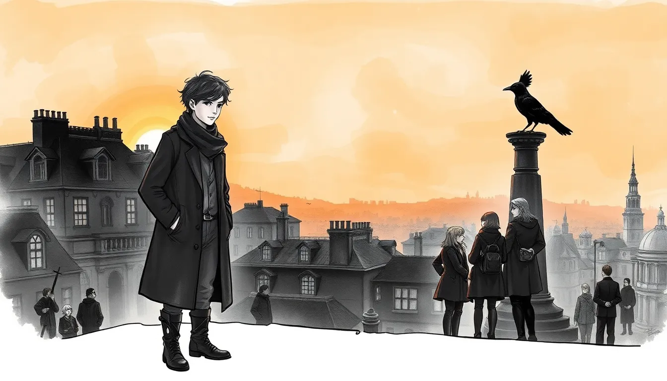 Illustration de l'aube où des silhouettes d'ombre patrouillent comme des gardiennes au-dessus de la ville