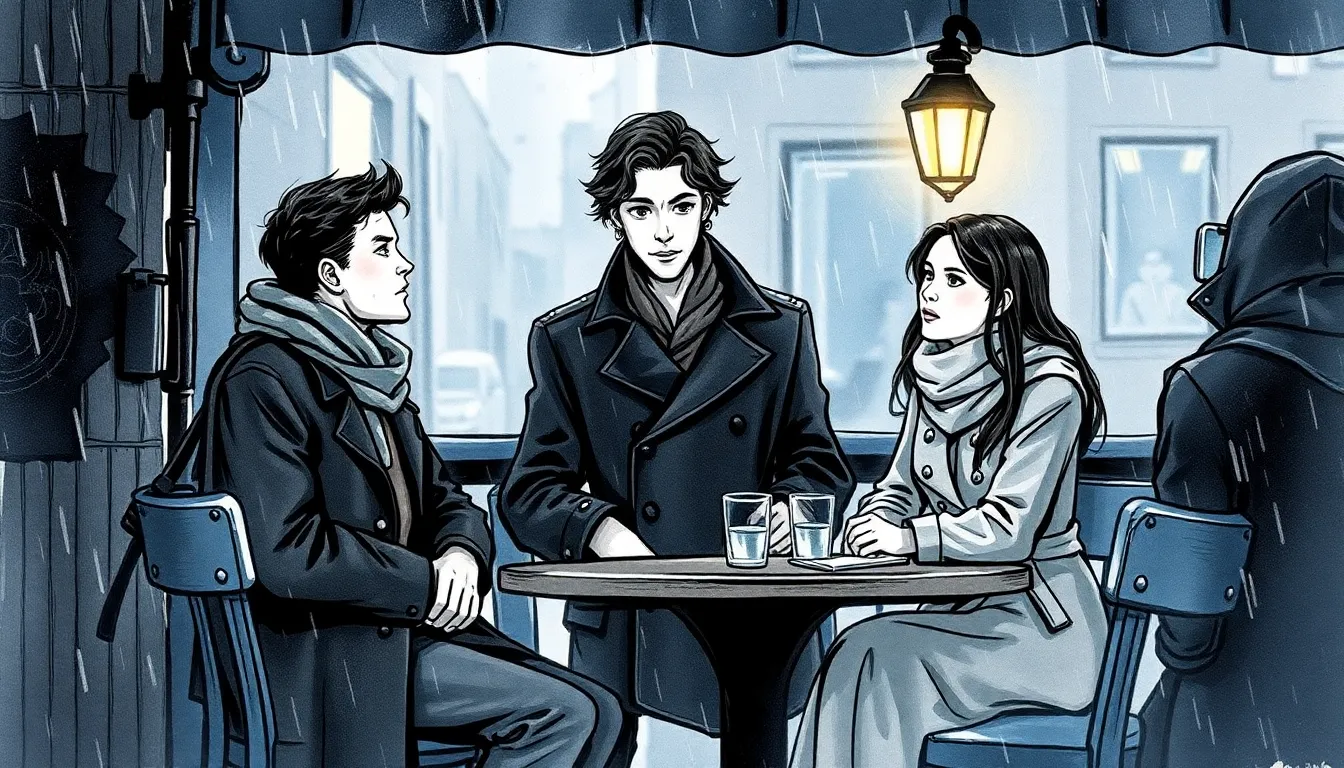 Illustration d'un café au bord de la rive par une pluie diffuse où se réunissent des chercheurs de vérité