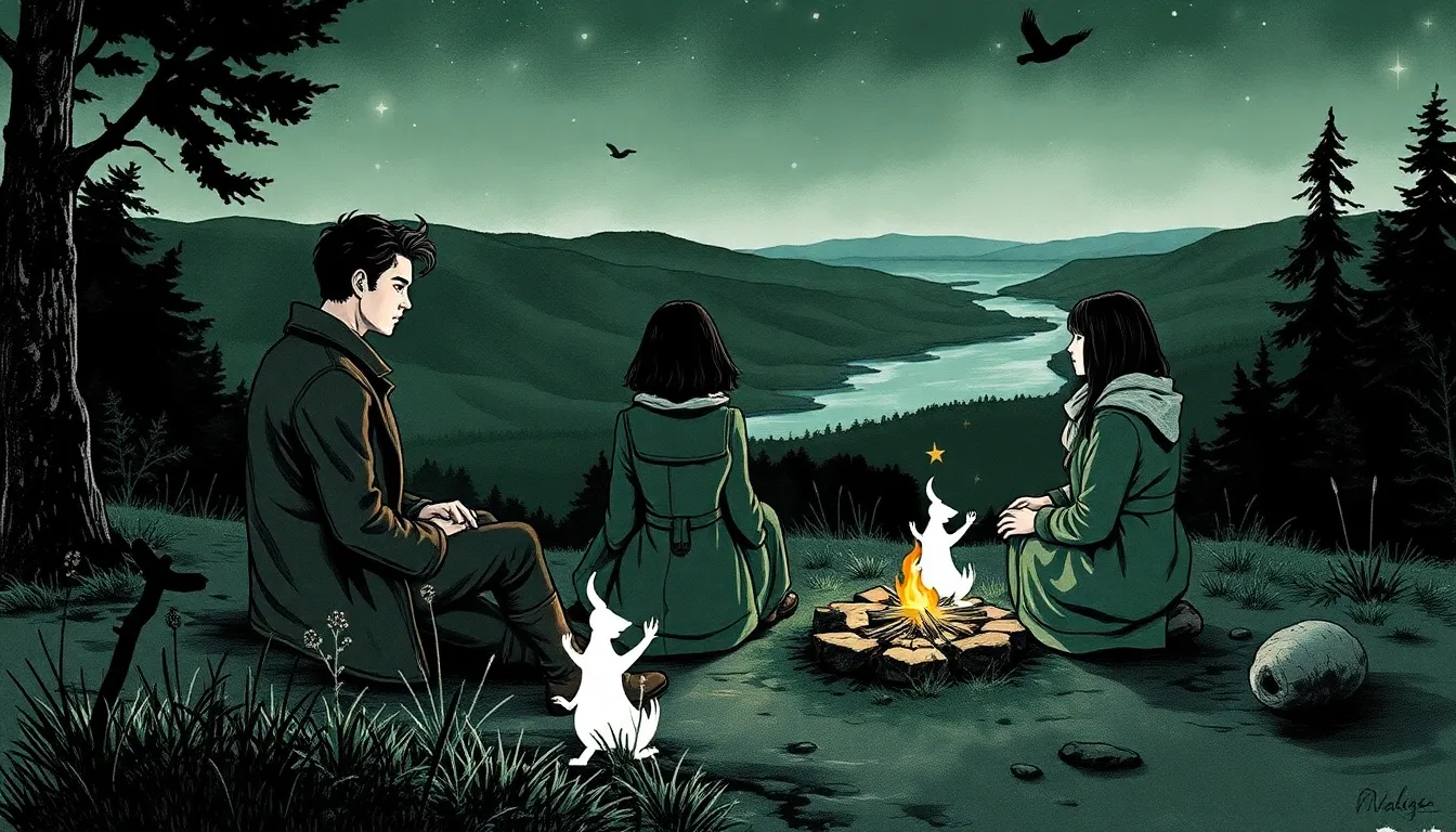 Illustration d'un camp sur une colline dominant la rivière, où les voyageurs partagent leurs confidences