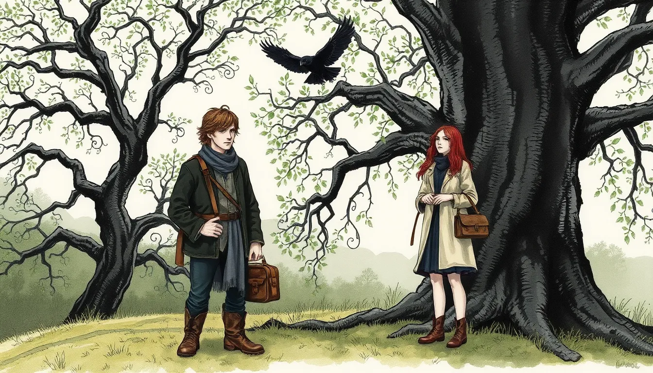 Illustration des peupliers chantant sur le coteau, feuilles comme des lettres, Adrien et Sofia en écoute