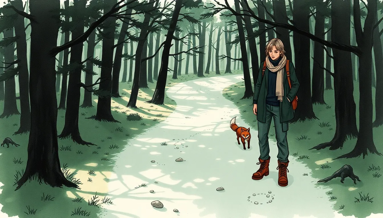 Sentier sinueux dans une forêt aux jeux de lumière et aux formes changeantes