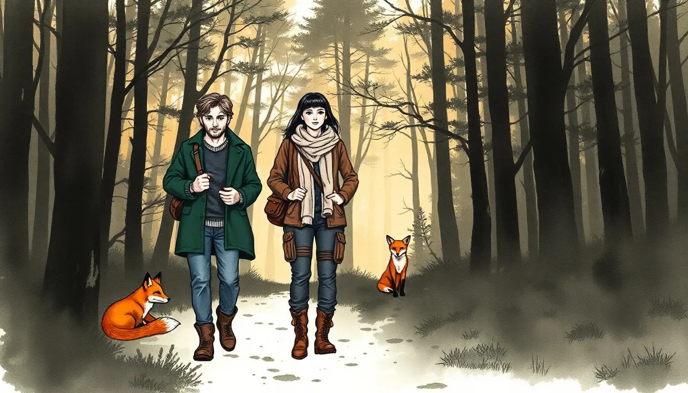 Julien et Maya quittant la forêt au petit matin, Nox observant depuis la lisière