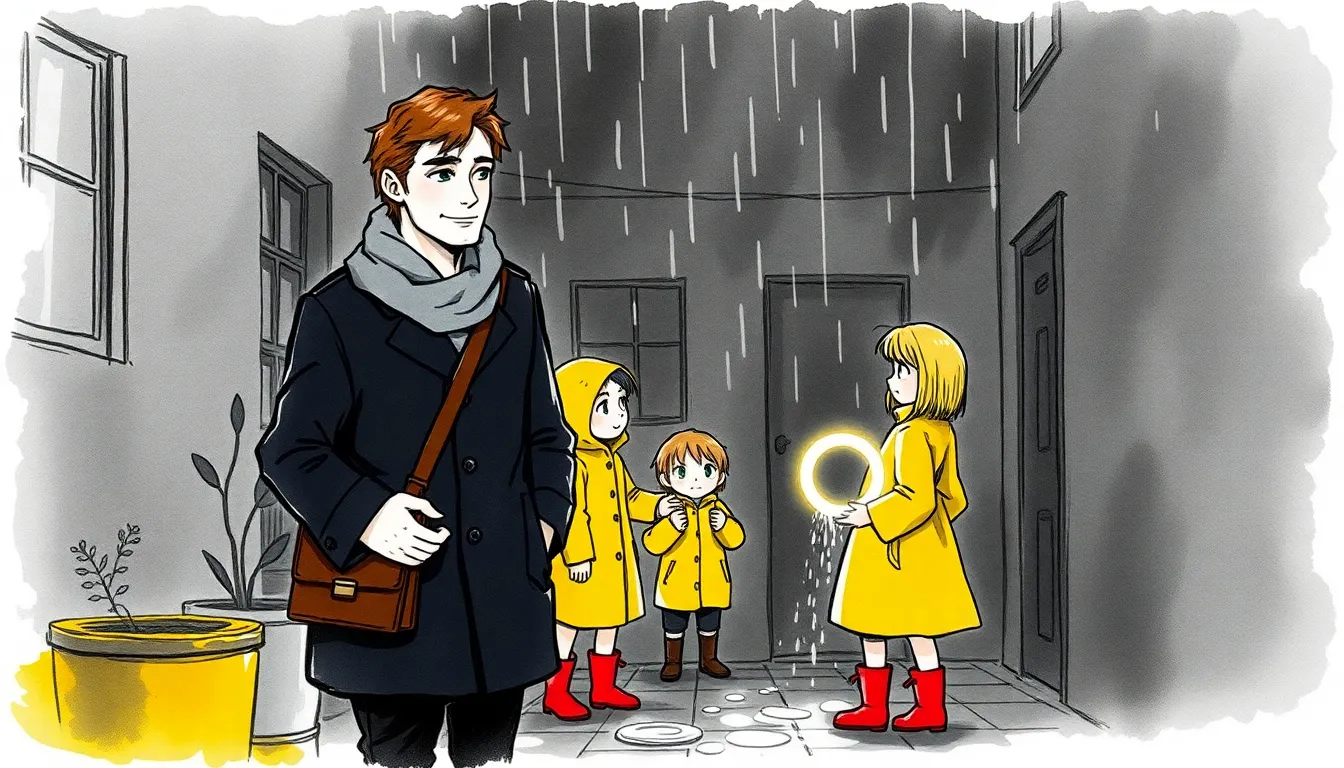 Illustration des enfants expérimentant leurs pouvoirs sous la pluie