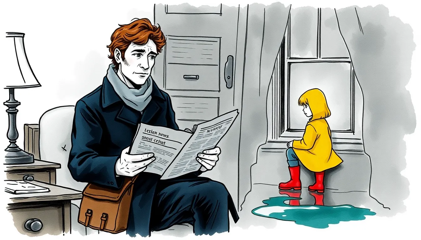 Illustration du chapitre : Julien lisant de vieux journaux à la lueur d'une lampe pendant qu'une enfant modèle la lumière sur une flaque