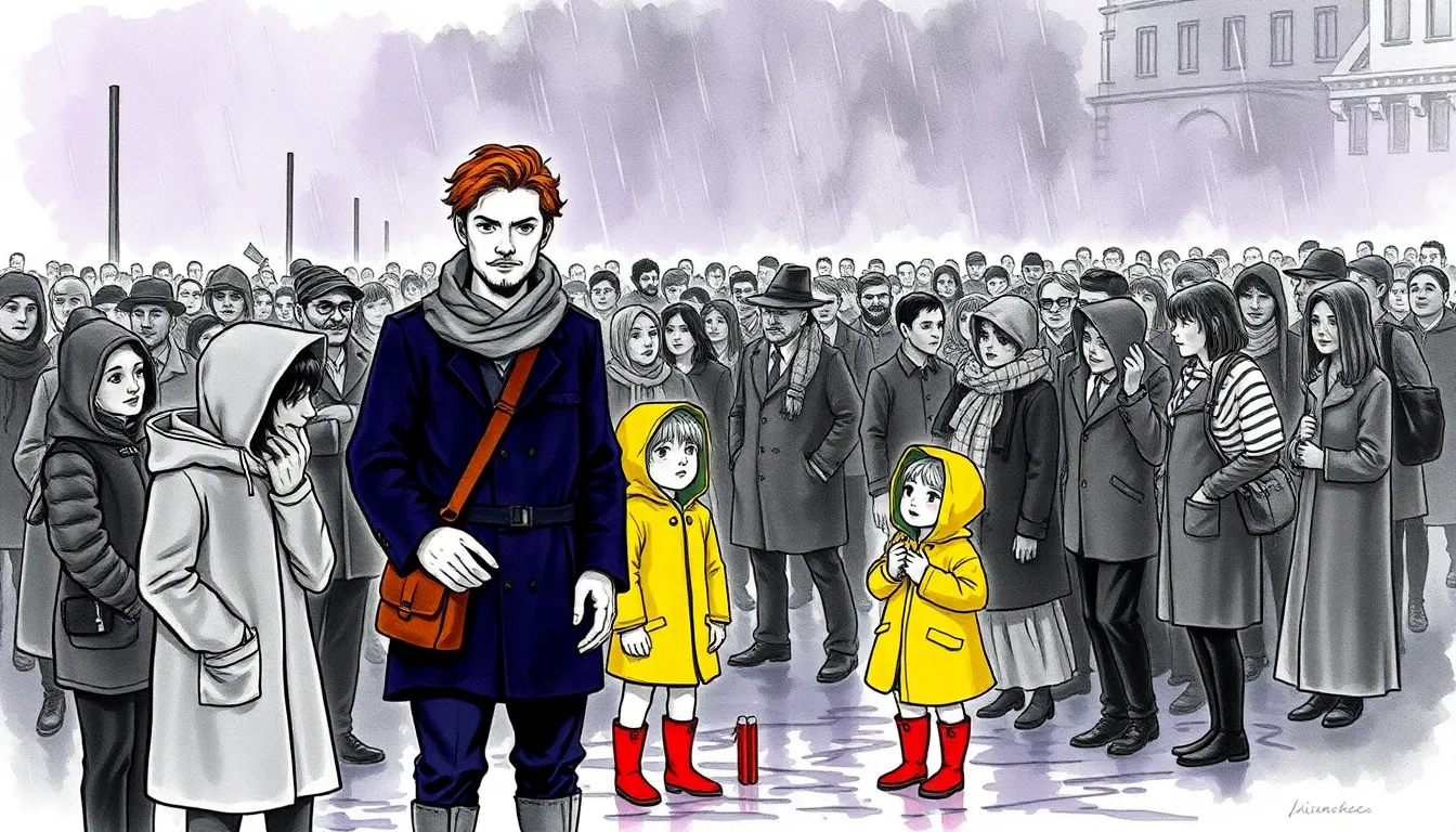 Illustration de la confrontation sur la place détrempée entre Julien, les enfants et la foule inquiète