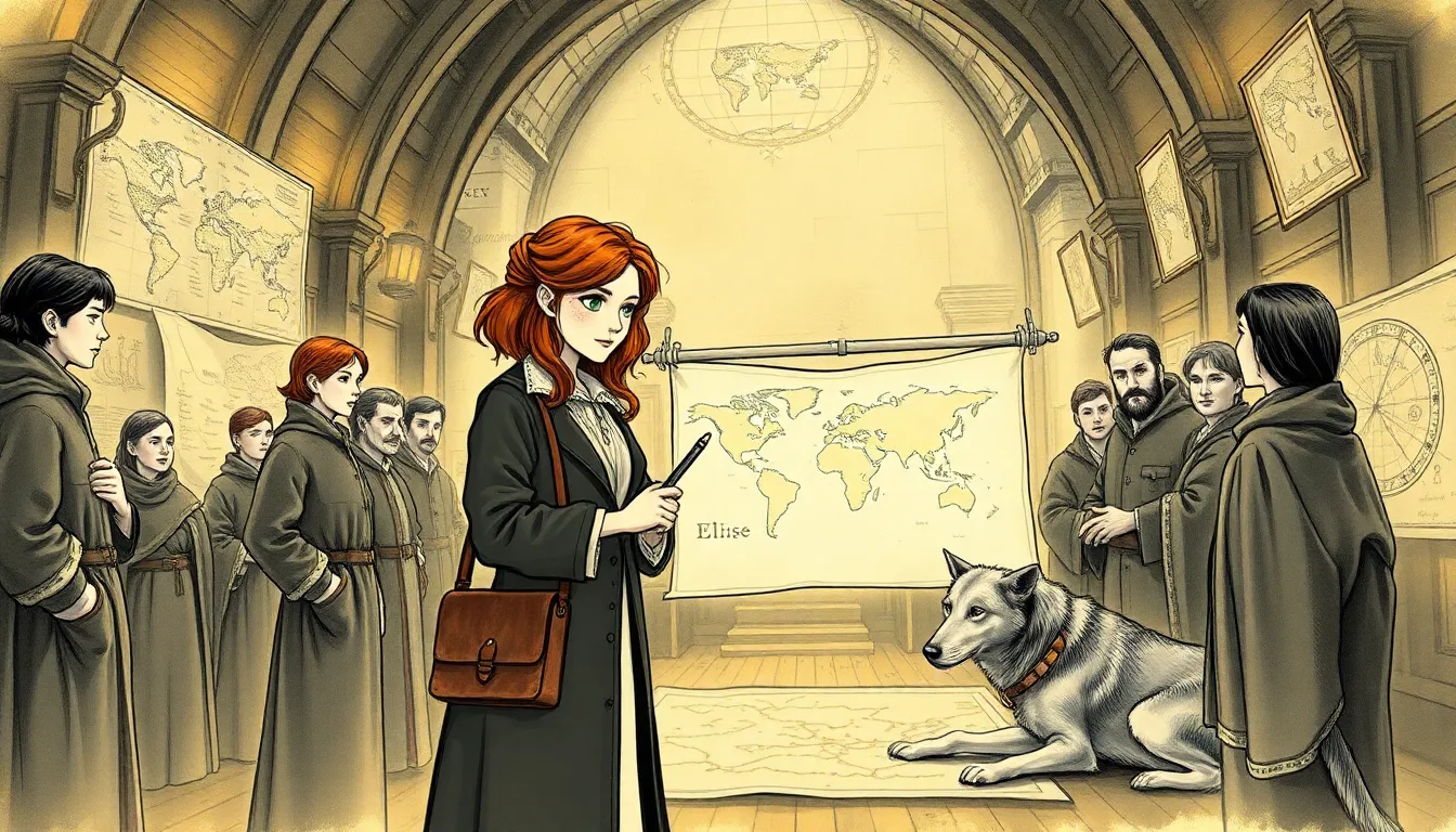 Illustration de la confrérie des cartographes, salle voûtée et cartes anciennes