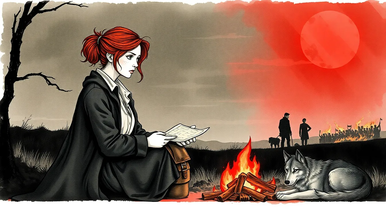 Illustration de la nuit des conflits internes – Elise seule auprès de la carte, le ciel rougeoyant au loin