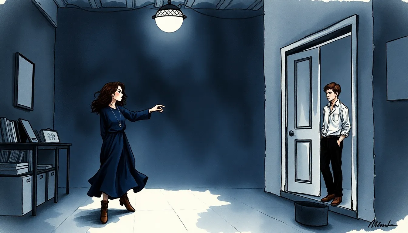 Illustration d'Elise dans son atelier la nuit, dansant sous une lampe solitaire