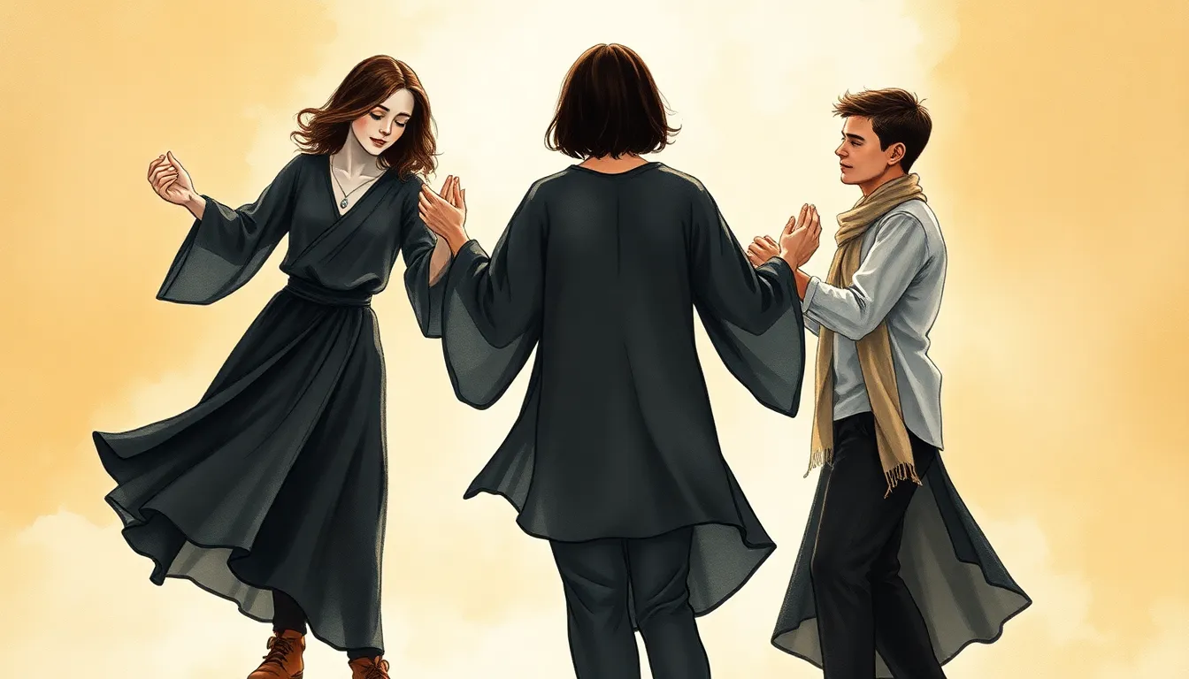 Illustration d'un cercle de danse rituelle, filant des rêves comme des brumes dorées