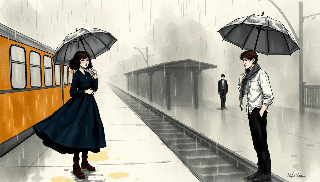 Illustration d'un quai de gare sous la pluie, souvenir onirique