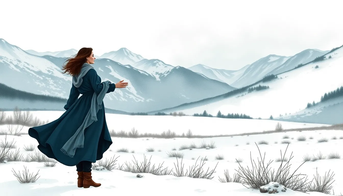 Illustration d'une vallée enneigée où une danseuse solitary se tient au bord d'un champ gelé, contemplative