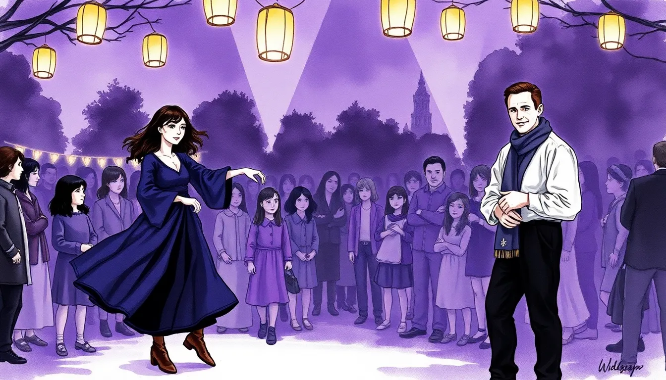 Illustration d'une performance crépusculaire : Elise danse parmi la foule tandis que des ombres de rêves flottent au-dessus comme des lanternes