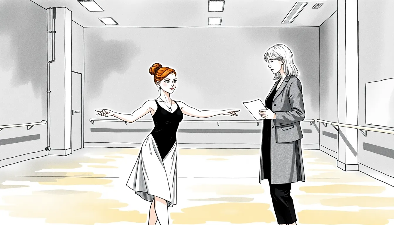 Illustration d'une répétition où naît une nouvelle chorégraphie, gestes lents et collaboration entre Clara et Amélie