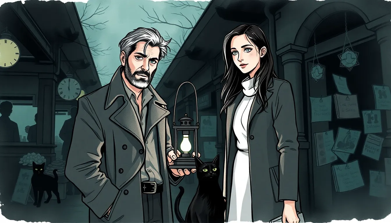 Alexandre et Maya devant l'entrée du marché nocturne, lanternes et stands en retrait