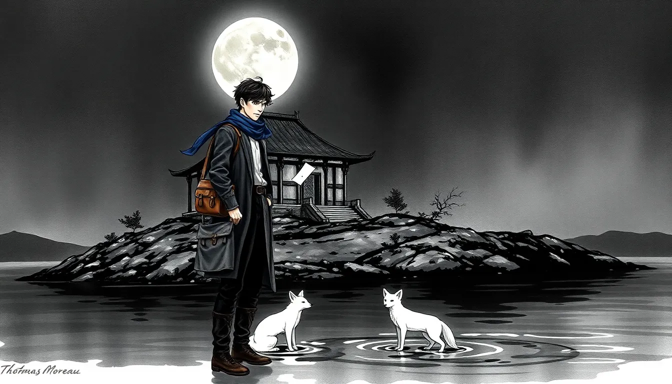 Illustration d'un temple lunaire au clair de lune sur une île tranquille, cérémonie nocturne