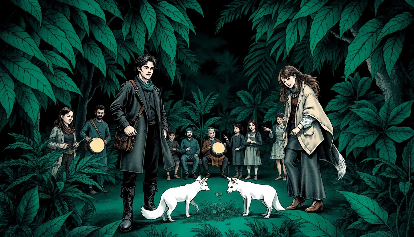 Illustration de la forêt amazonienne et d'un rite de tambours nocturne