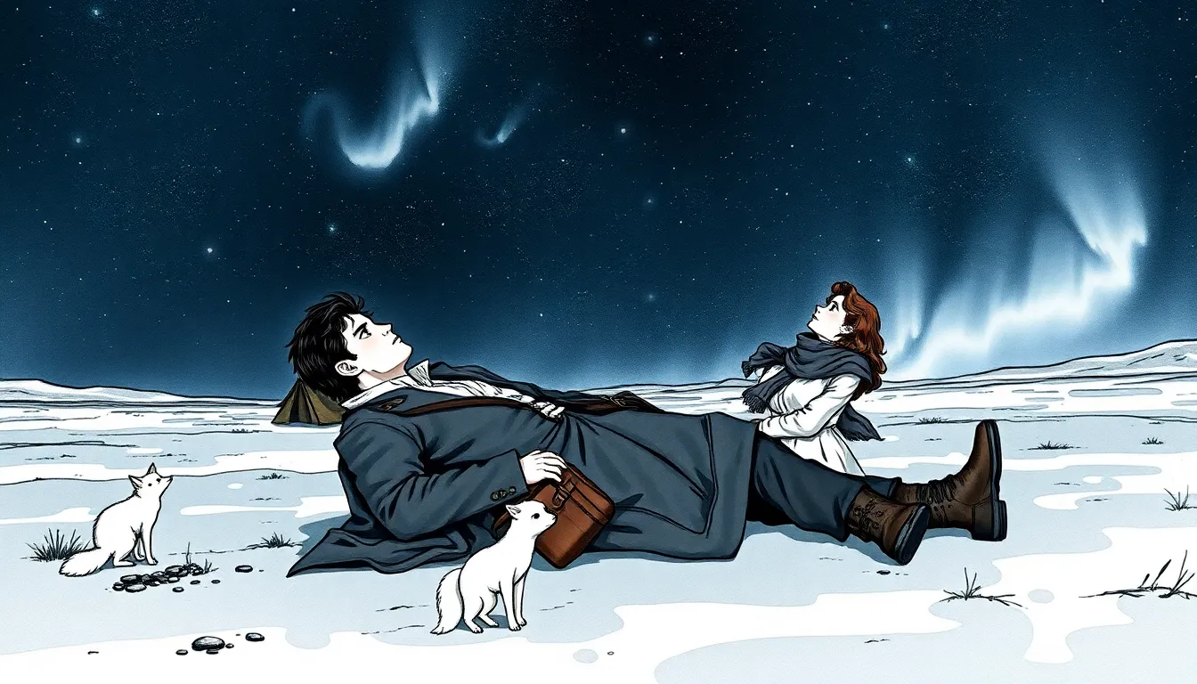 Illustration des plaines polaires sous un ciel étoilé et des aurores