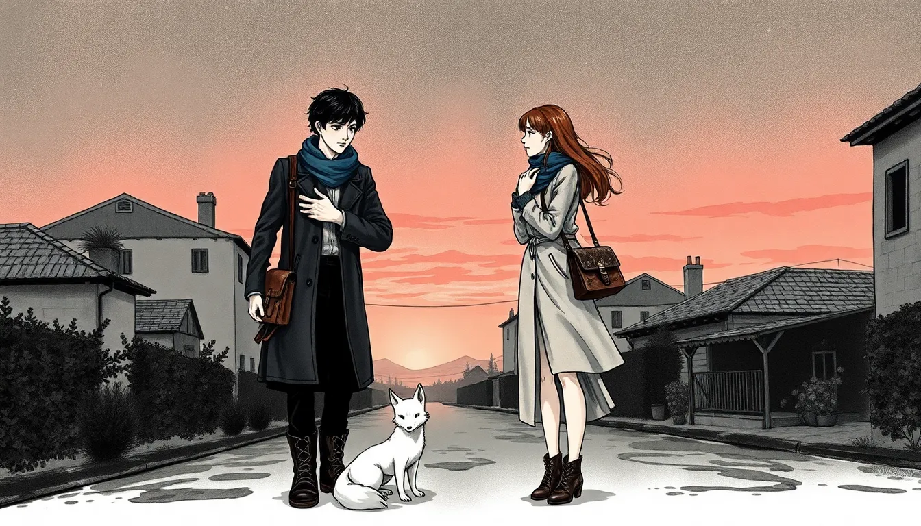 Illustration du retour de Thomas au village, crépuscule rose, retrouvailles