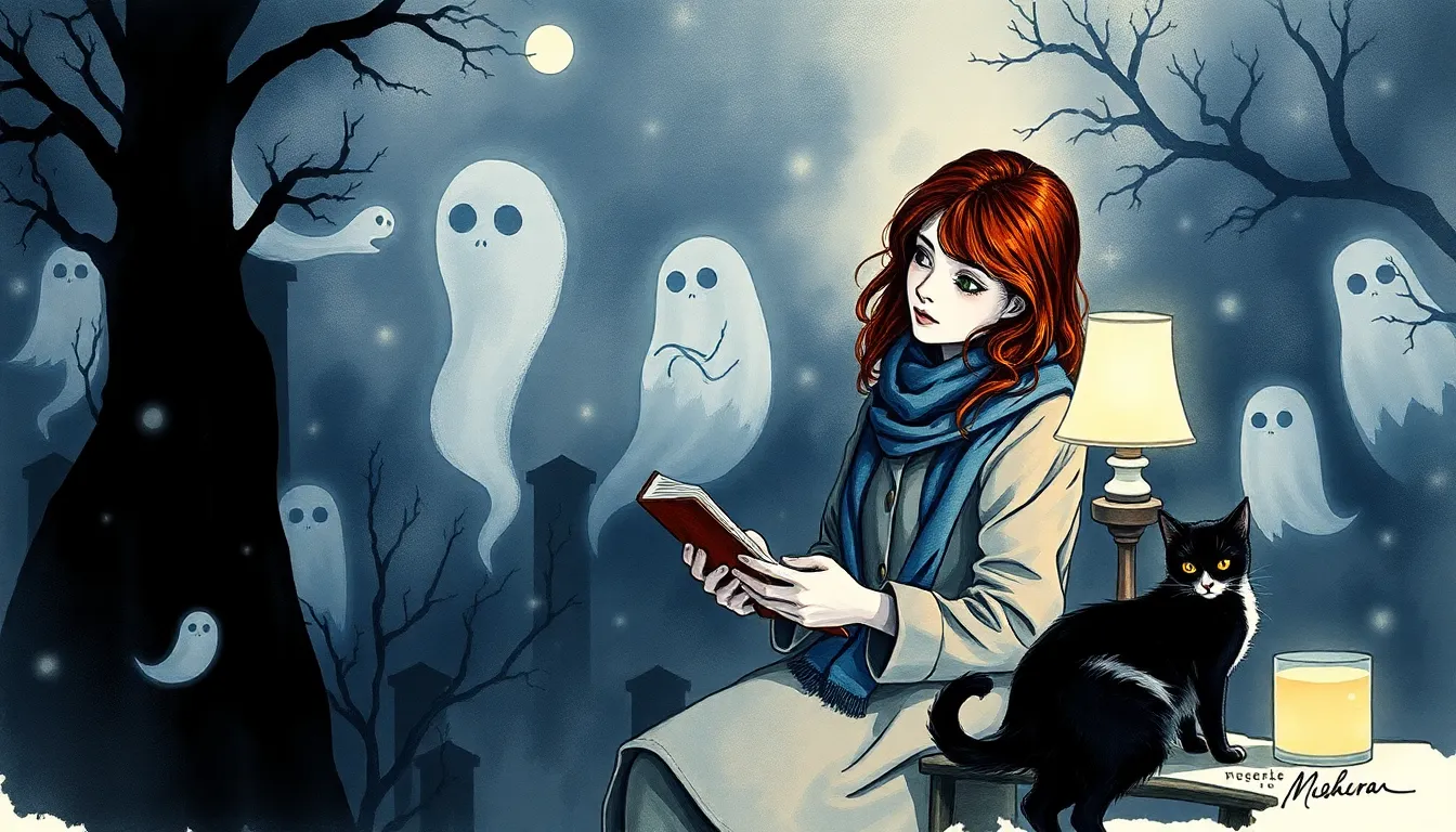 Camille écrivant à la lueur d'une lampe, visions nocturnes éthérées autour d'elle
