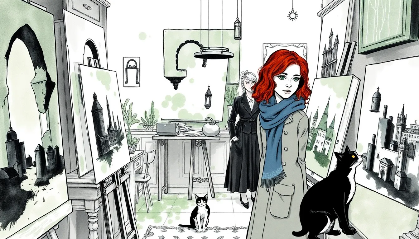 Illustration de l'atelier où les toiles oniriques remplissent l'appartement