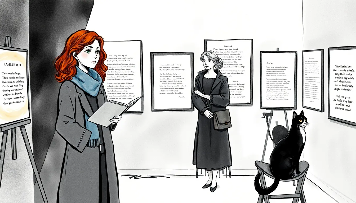Illustration d'une exposition intime où des toiles et des fragments poétiques sont lus à voix haute