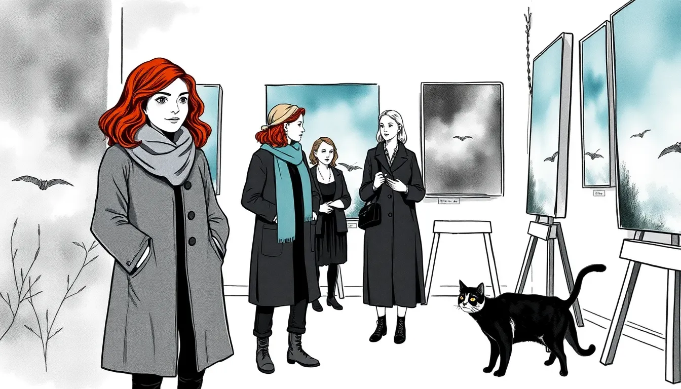 Atelier d'exposition intime, visiteurs devant des peintures oniriques, Camille observant.