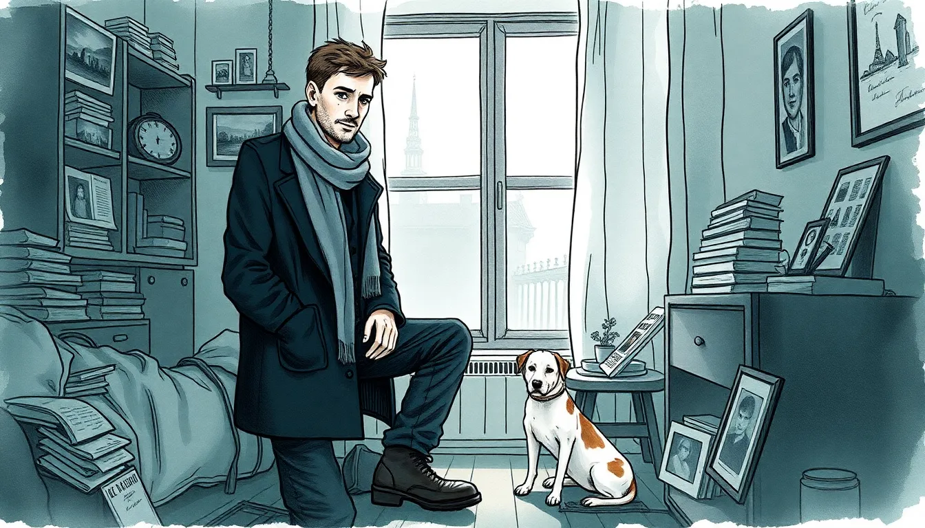 Illustration de Pierre dans son appartement entouré de photographies et de lettres