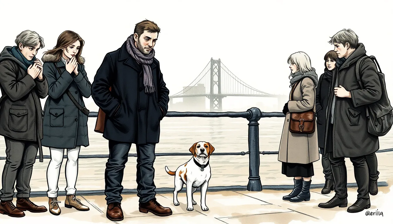 Illustration des voyageurs au pont, aux teintes sombres et brunes