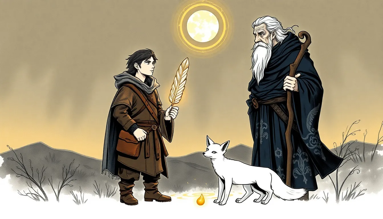 Illustration d'une rencontre rituelle au crépuscule entre le vieux sage Mael et son apprenti Elias, échange du talisman en forme de plume
