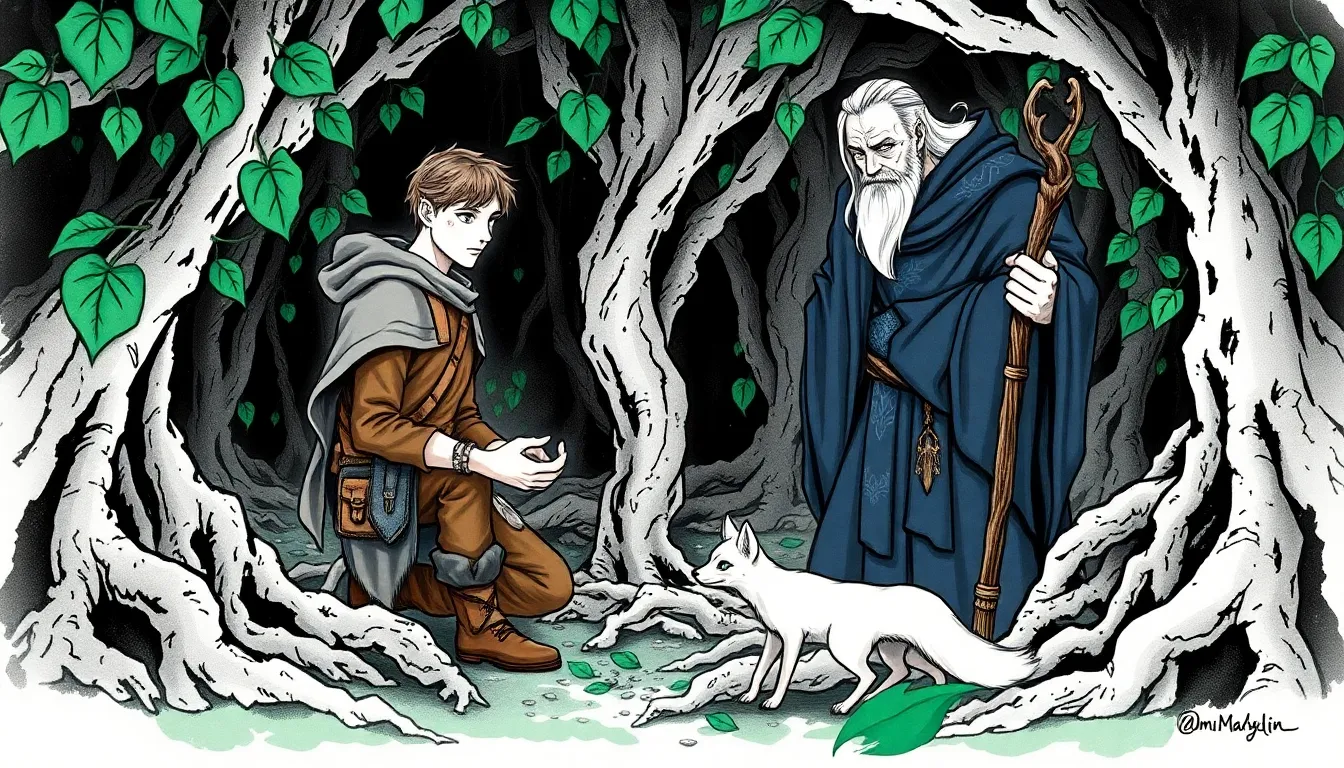 Illustration d'une grotte souterraine où humains et esprits de la terre se réunissent pour un rituel de guérison