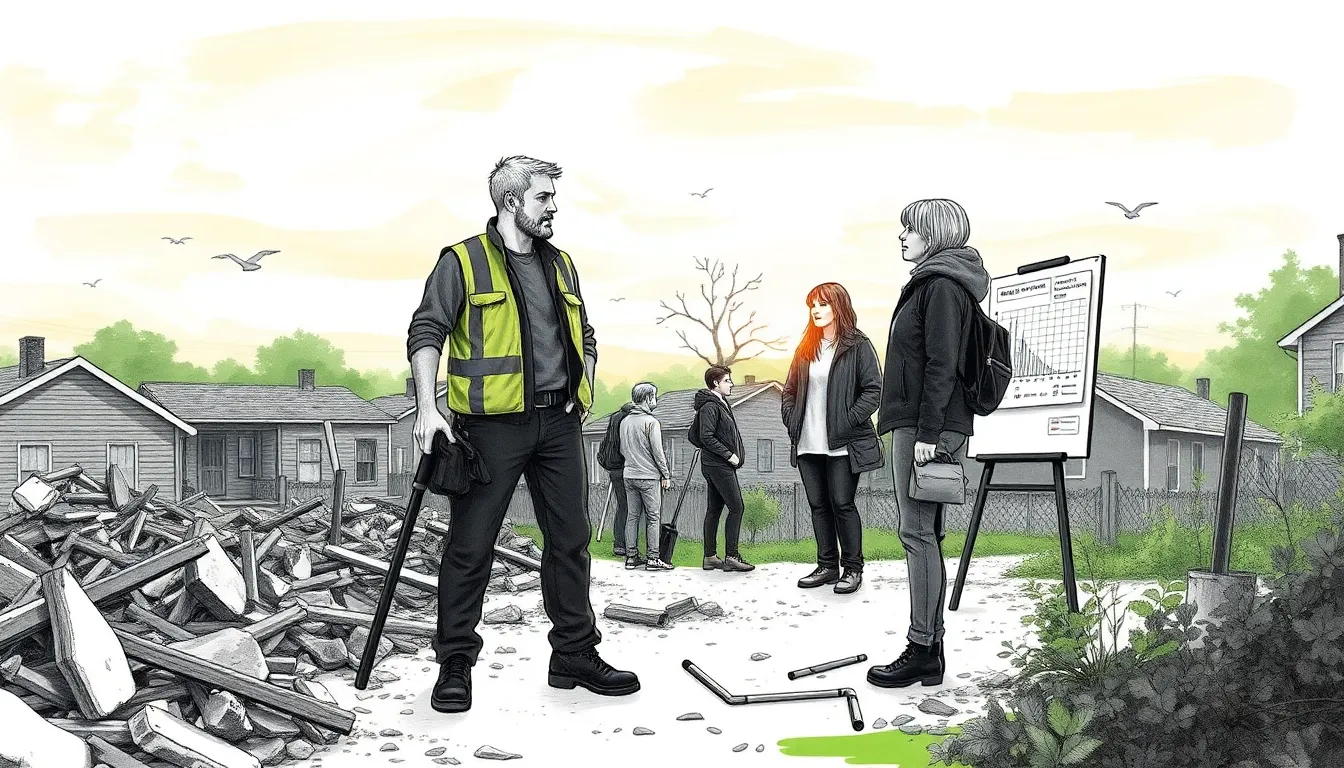Aube sur un quartier en reconstruction, volontaires travaillant parmi les décombres, Adrien et Lise au centre